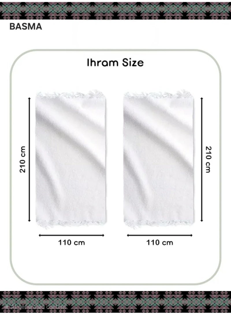 بسمة إحرام رجالي فاخر مكون من قطعتين للحج والعمرة – قطن سميك 1200 GSM | غير شفاف | سريع الجفاف | مناشف بيضاء للحجاج | قماش إحرام رجالي مريح وقابل للتنفس - Image 3