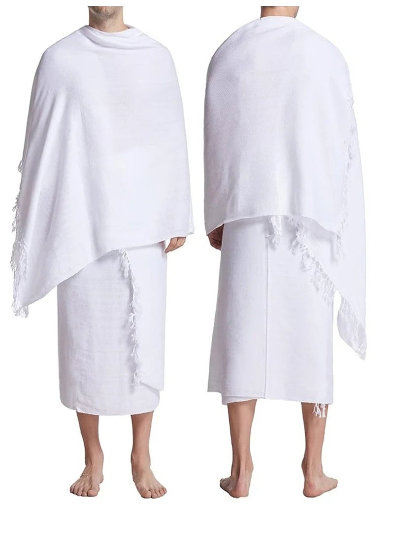 بسمة إحرام رجالي فاخر مكون من قطعتين للحج والعمرة – قطن سميك 1200 GSM | غير شفاف | سريع الجفاف | مناشف بيضاء للحجاج | قماش إحرام رجالي مريح وقابل للتنفس - Image 5