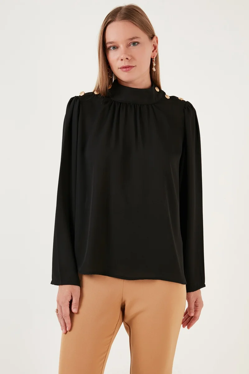 Lela Shoulder Buttoned Regular Fit High Collar Blouse Women's Blouse 611BZ0235