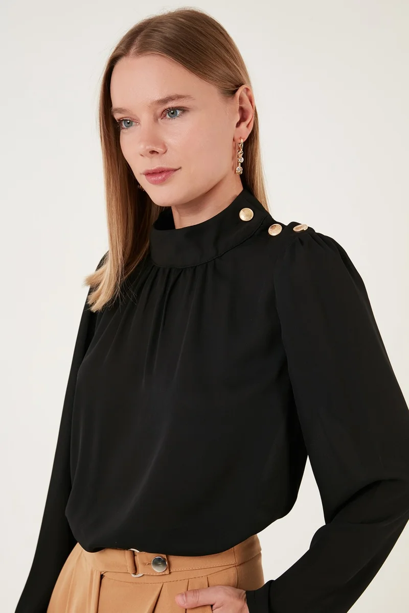 Lela Shoulder Buttoned Regular Fit High Collar Blouse Women's Blouse 611BZ0235