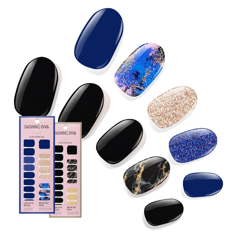 Dashing Diva Gloss Nail Strips Bundle - The Dark Marble Collection- Blue Vixen & Black Obsidian - UV Free, Chip Resistant, Long Lasting Gel Stickers - Contains 2 Sets - Image 1