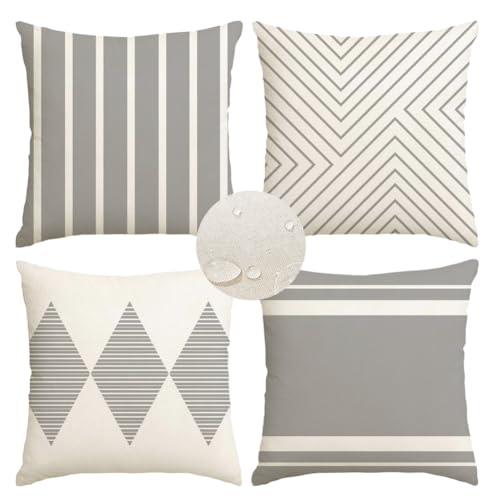 RABUSOFA Outdoor Pillow Covers 18x18 inch WaterproofLight Gray and Beige Boho Cushion Cases Set of 4 for Patio Furniture Sunbrella CouchNo Insert - Image 1