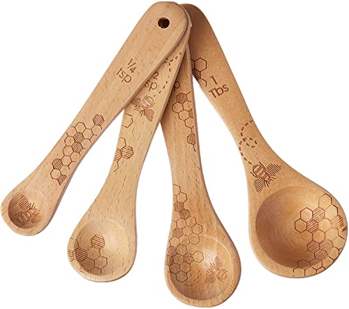 Talisman Designs Laser Etched Beechwood Measuring Spoons | Set of 4 | Honey Bee Design | Natural Wooden Measuring Spoons Set | Cute & Functional Kitchen Tools - Image 1