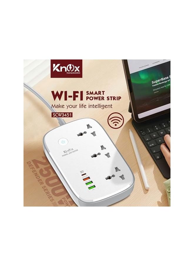 Knox Powering Generations Knox Powering Generations Wifi Smart Power Strip Extension Cord Surge Protector, Alexa & Google Assistant, 3 Universal Electrical Outlets, 30W USB-C PD Fast Charging, 4 USB-A, 2M Cable, Anti Flameable  - Image 2