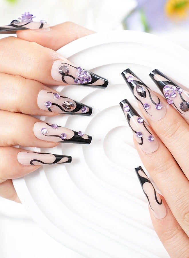 24 Pieces Of Press-On Nail Art Patches, With Nail Tools, Black And Purple Purple Diamonds Patches, Ladder-Shaped Long Nails, Fingertips Slim, Everyday Versatile, Convenient Patches, Easy To Remove Does Not Hurt The Nail, Healthy And Safe! - Image 1