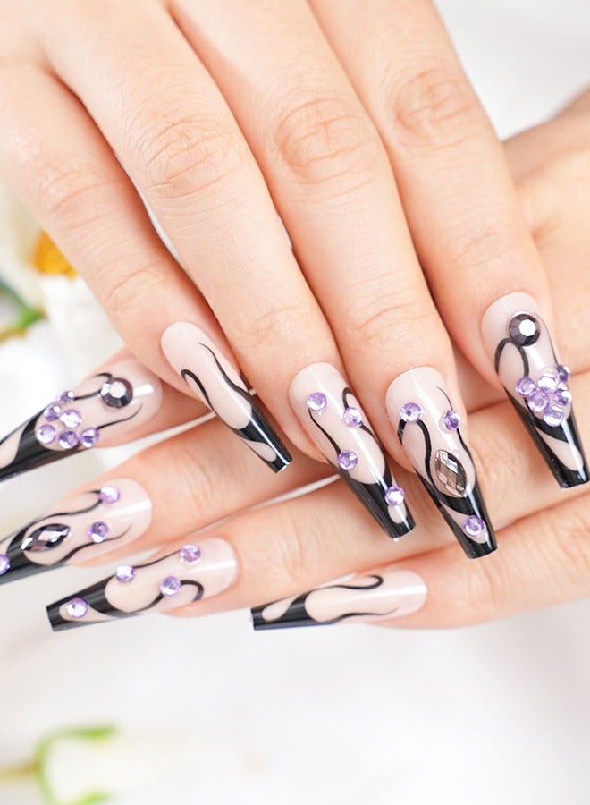 24 Pieces Of Press-On Nail Art Patches, With Nail Tools, Black And Purple Purple Diamonds Patches, Ladder-Shaped Long Nails, Fingertips Slim, Everyday Versatile, Convenient Patches, Easy To Remove Does Not Hurt The Nail, Healthy And Safe! - Image 2