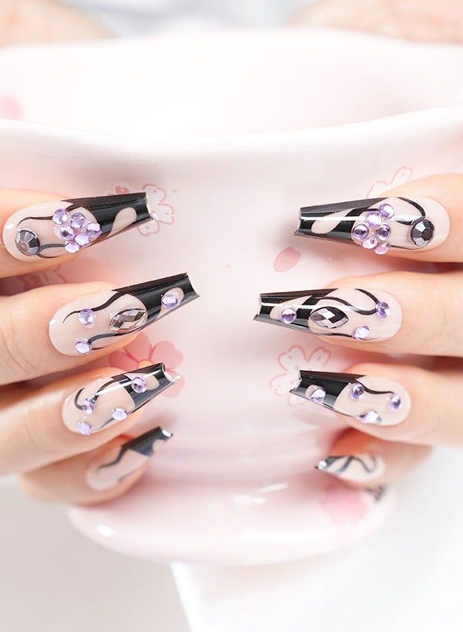 24 Pieces Of Press-On Nail Art Patches, With Nail Tools, Black And Purple Purple Diamonds Patches, Ladder-Shaped Long Nails, Fingertips Slim, Everyday Versatile, Convenient Patches, Easy To Remove Does Not Hurt The Nail, Healthy And Safe! - Image 3