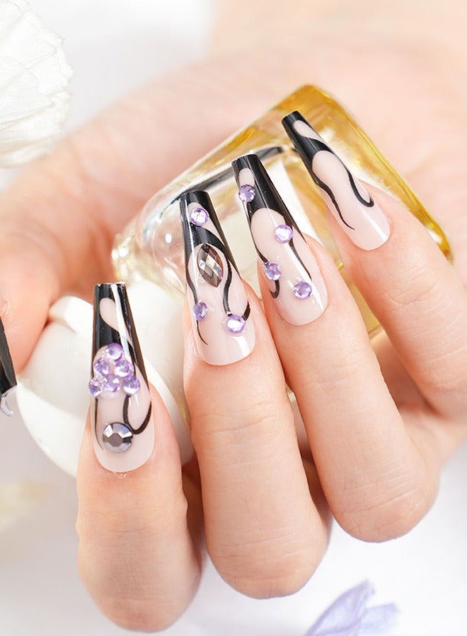 24 Pieces Of Press-On Nail Art Patches, With Nail Tools, Black And Purple Purple Diamonds Patches, Ladder-Shaped Long Nails, Fingertips Slim, Everyday Versatile, Convenient Patches, Easy To Remove Does Not Hurt The Nail, Healthy And Safe! - Image 4
