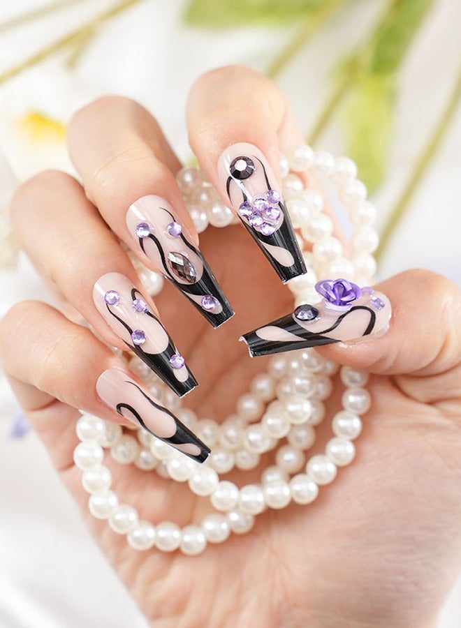 24 Pieces Of Press-On Nail Art Patches, With Nail Tools, Black And Purple Purple Diamonds Patches, Ladder-Shaped Long Nails, Fingertips Slim, Everyday Versatile, Convenient Patches, Easy To Remove Does Not Hurt The Nail, Healthy And Safe! - Image 5