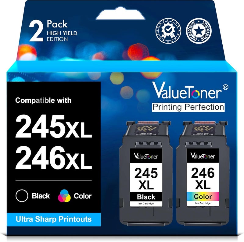 Valuetoner خراطيش حبر بديلة 245XL لطابعة كانون 245XL 246XL حزمة كومبو PG-245XL CL-246XL لطابعات بيكسما TR4520 TR4527 MG2522 MG2520 MX490 MX492 TS202 TS302 TS3320 MG2920 (أسود، ملون) - Image 1