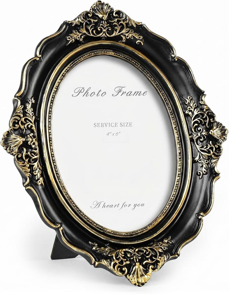 Cuspin 4x6 Oval Picture Frame, Vintage Ornate Baroque Black and Gold Resin Photo Frame with Glass Front, Wall Hanging or Tabletop Display - Image 1