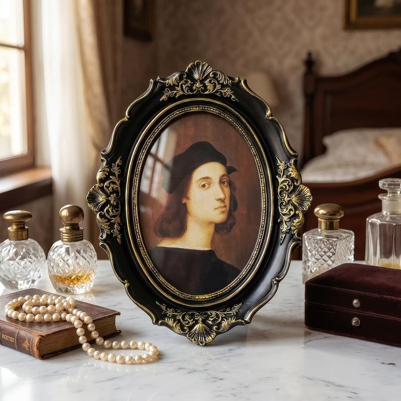 Cuspin 4x6 Oval Picture Frame, Vintage Ornate Baroque Black and Gold Resin Photo Frame with Glass Front, Wall Hanging or Tabletop Display - Image 3