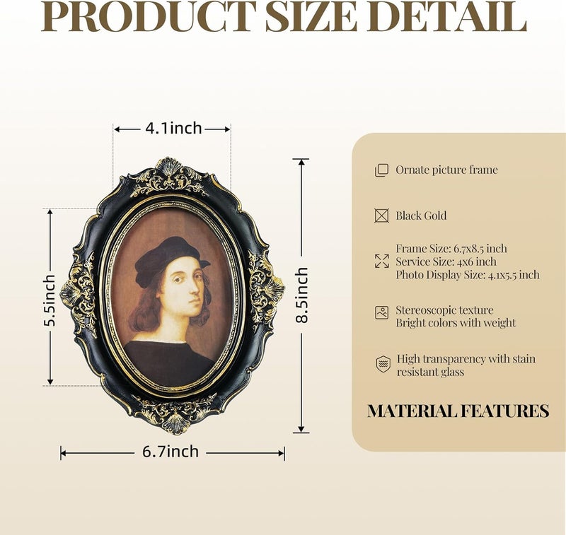 Cuspin 4x6 Oval Picture Frame, Vintage Ornate Baroque Black and Gold Resin Photo Frame with Glass Front, Wall Hanging or Tabletop Display - Image 4