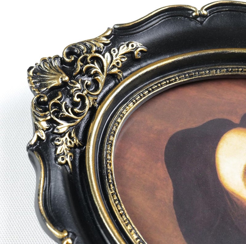 Cuspin 4x6 Oval Picture Frame, Vintage Ornate Baroque Black and Gold Resin Photo Frame with Glass Front, Wall Hanging or Tabletop Display - Image 5