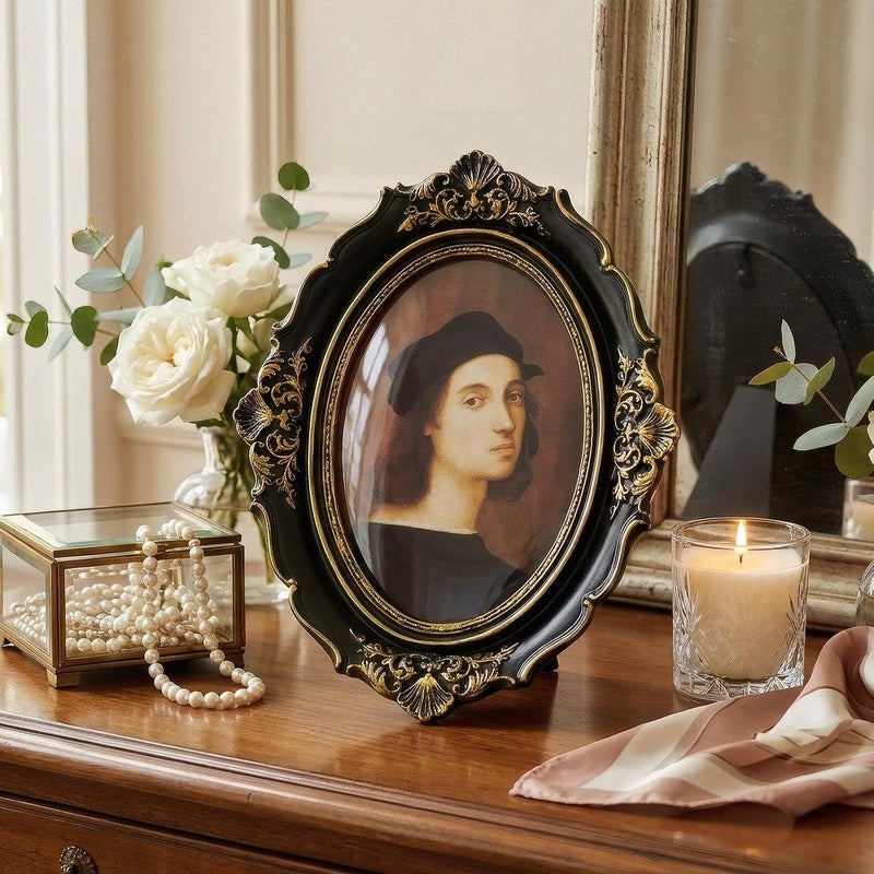 Cuspin 4x6 Oval Picture Frame, Vintage Ornate Baroque Black and Gold Resin Photo Frame with Glass Front, Wall Hanging or Tabletop Display - Image 2