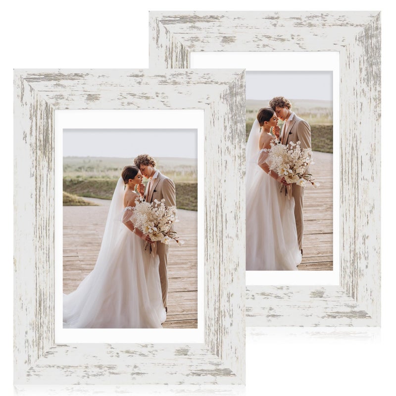 Hongkee 4x6 Picture Frame Set of 2  Made of Real Glass and Distressed White Wooden Frame - Display Pictures 3.5x5 with Mat or 4x6 Without Mat  4 by 6 Photo Frame for Wall or Tabletop Display - Image 1