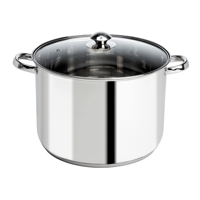 PURE INTENTIONS STOCK POT FEATURES TEMPERED GLASS LID STAYCOOL HANDLES AND ENCAPSULATED BOTTOM OVEN SAFE CURBSIDE RECYCLABLE STAINLESS STEEL 12 QUARTS