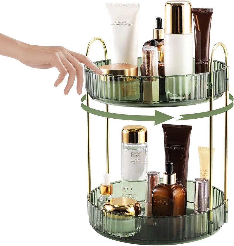 ZODZE 360 Rotating Makeup Organizer Large Capacity Bathroom Organizer Countertop 2 Tiers Make Up Organizers and Storage for Vanity for Perfume Skincare Cosmetics Lipsticks Green 2 Tier - Image 2