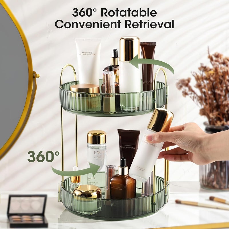 ZODZE 360 Rotating Makeup Organizer Large Capacity Bathroom Organizer Countertop 2 Tiers Make Up Organizers and Storage for Vanity for Perfume Skincare Cosmetics Lipsticks Green 2 Tier - Image 4