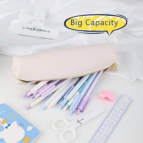 Oyachic White Pencil Case,Small Pencil Pouch, Long Leather Cute Aesthetic Makeup Pen Bag - Image 2