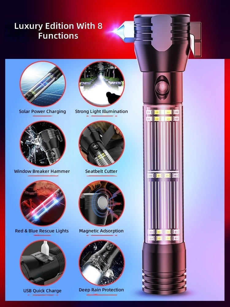 Solar-Powered Handheld Flashlight with Emergency Self-Defense Features, Safety Hammer, and Car Window Breaker