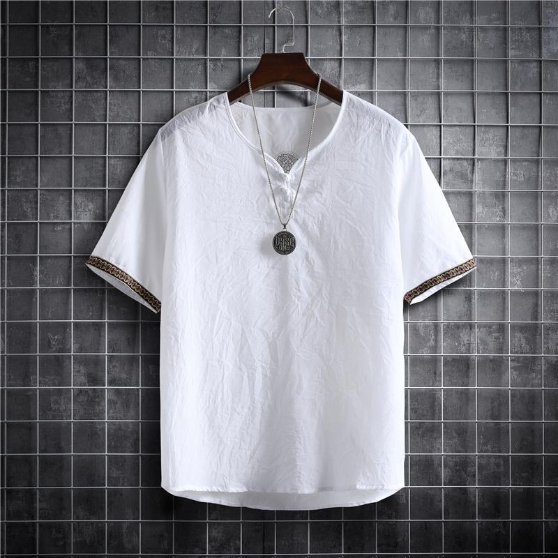Wholesale summer men''s short sleeve T-shirt simple personality cuff stitching button V-neck thin jacket men''s Hanfu - Image 1