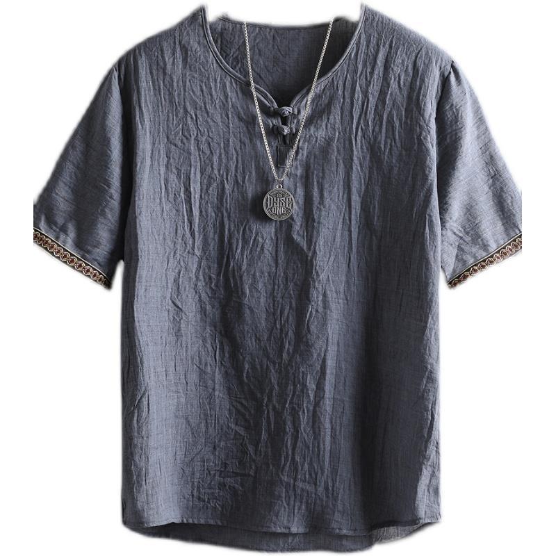 Wholesale summer men''s short sleeve T-shirt simple personality cuff stitching button V-neck thin jacket men''s Hanfu - Image 5