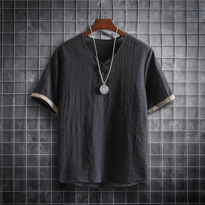 Wholesale summer men''s short sleeve T-shirt simple personality cuff stitching button V-neck thin jacket men''s Hanfu - Image 2