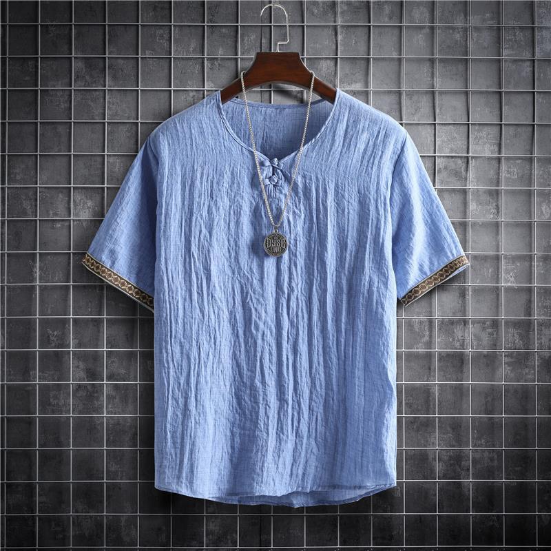 Wholesale summer men''s short sleeve T-shirt simple personality cuff stitching button V-neck thin jacket men''s Hanfu - Image 3