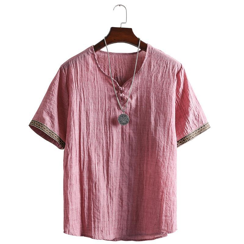 Wholesale summer men''s short sleeve T-shirt simple personality cuff stitching button V-neck thin jacket men''s Hanfu - Image 4