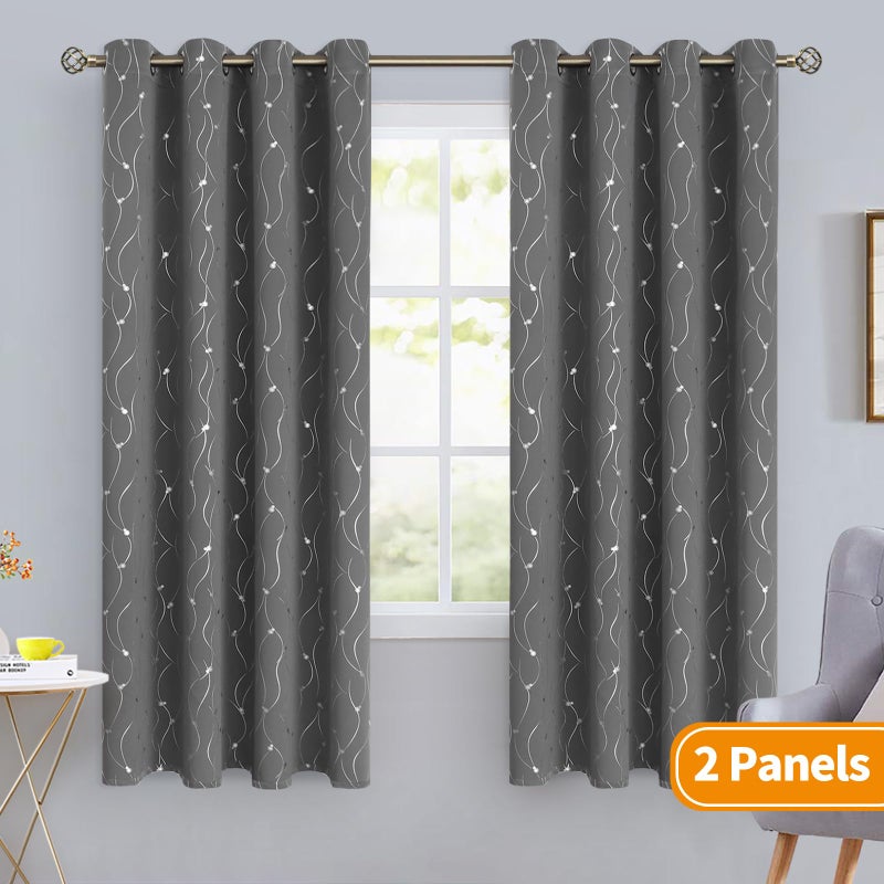 BGment الستائر Brgant Blackout لغرفة النوم/غرفة المعيشة معزول حراري معزول الستائر مع خط ونقاط نمط 2 لوحات كل لوحة 55 × 69 بوصة رمادية داكنة - Image 2