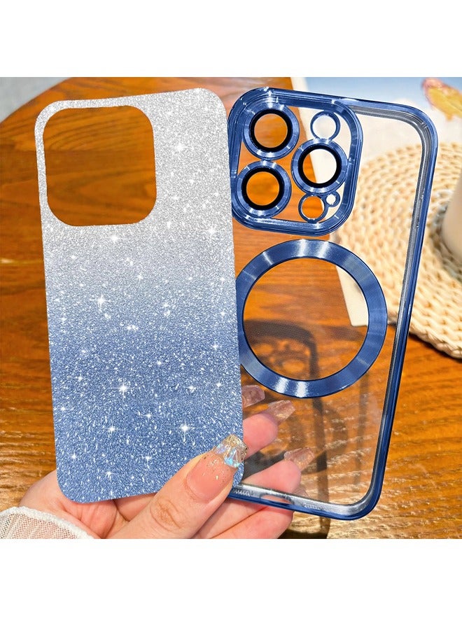 iPhone 15 Pro Case Clear Magnetic Glitter Phone Cases [Compatible with MagSafe] Full Camera Lens Protector Slim Gradient Sparkle Luxury Plating Shockproof Protective Cover Women