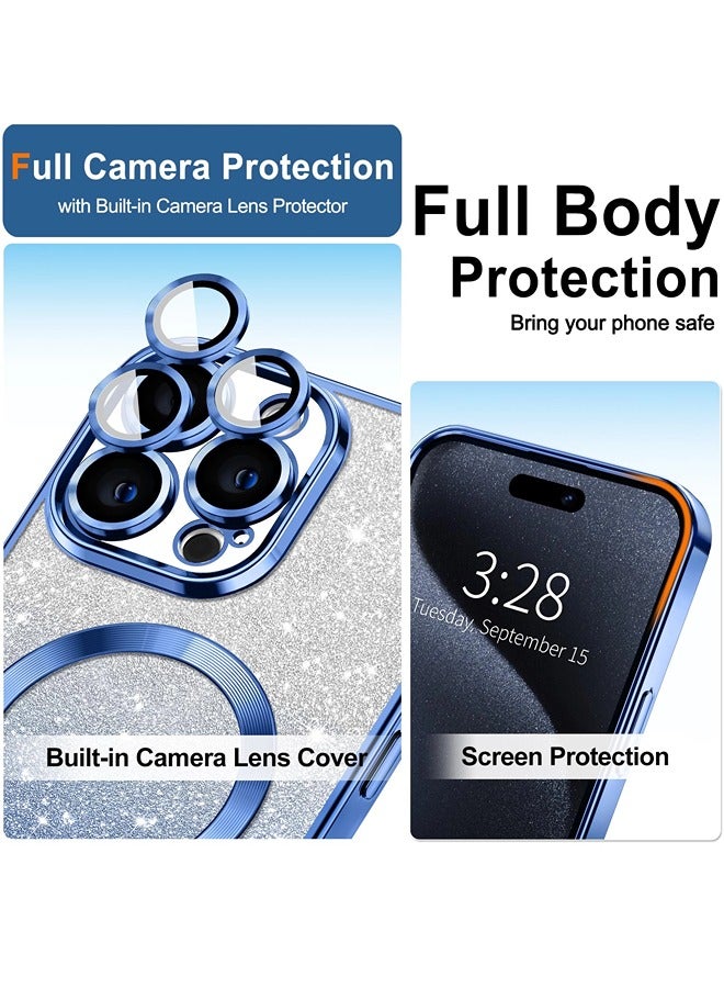 iPhone 15 Pro Case Clear Magnetic Glitter Phone Cases [Compatible with MagSafe] Full Camera Lens Protector Slim Gradient Sparkle Luxury Plating Shockproof Protective Cover Women