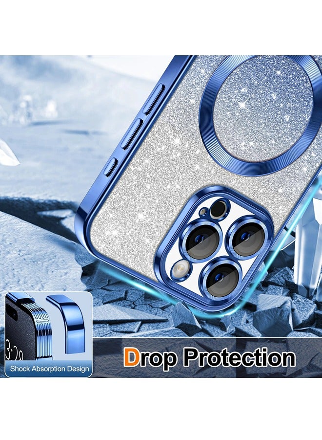 iPhone 15 Pro Case Clear Magnetic Glitter Phone Cases [Compatible with MagSafe] Full Camera Lens Protector Slim Gradient Sparkle Luxury Plating Shockproof Protective Cover Women