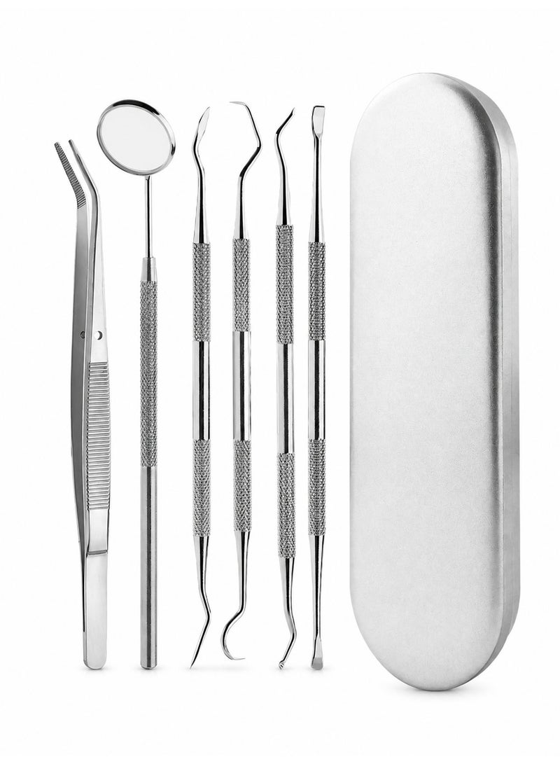 6 Piece Dental Cleaning Tool Set Stainless Steel Teeth Cleaning Kit Dental Scaler Plaque Tartar Remover with Oral Mirror and Probe for Home Oral Care Travel Use - Image 1