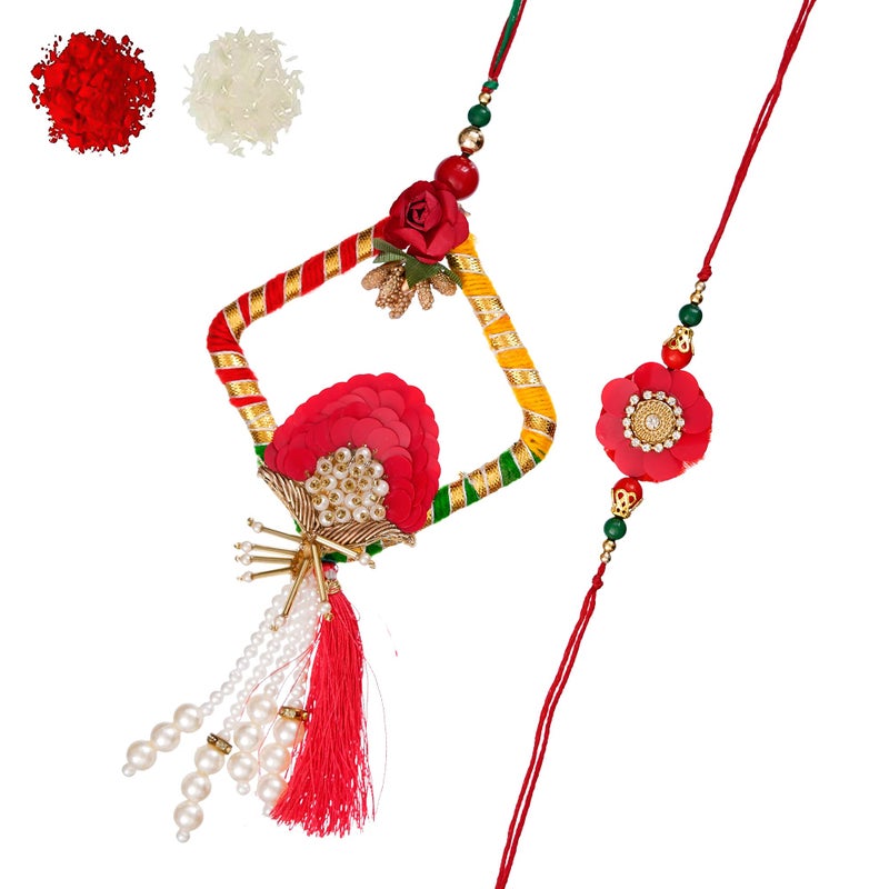 iinfinize Beautiful Fancy Rakhi for Bhai Bhabhi | Floral Design Lumba Set for Brother Sister in Law | Handmade Cotton Thread Beadwork Pearl Rakhi Set For Women Men With Roli Chawal - Image 1