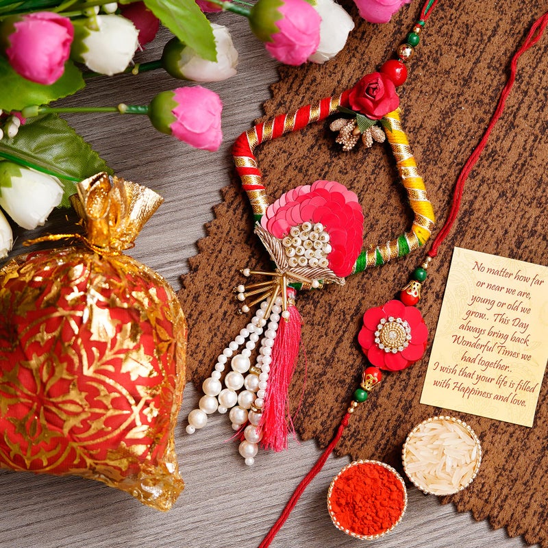 iinfinize Beautiful Fancy Rakhi for Bhai Bhabhi | Floral Design Lumba Set for Brother Sister in Law | Handmade Cotton Thread Beadwork Pearl Rakhi Set For Women Men With Roli Chawal - Image 2