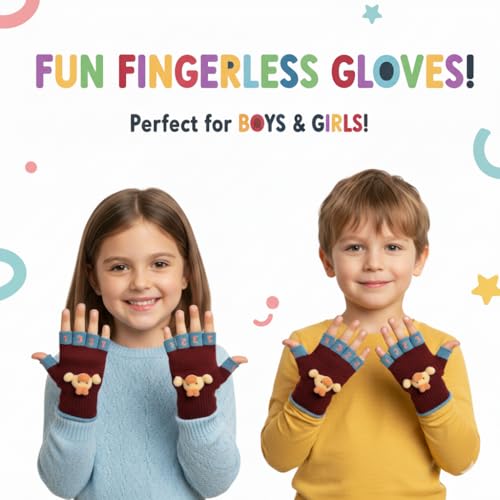 SOLDTRUE Half Finger Gloves Winter Warm Glove Christmas Fingerless Glove Thermal Fingerless Magic Warm Gloves Fashion Cute Soft Flip Top Gloves(Age 3-7 Years)(Pair of 1)(Red) - Image 2