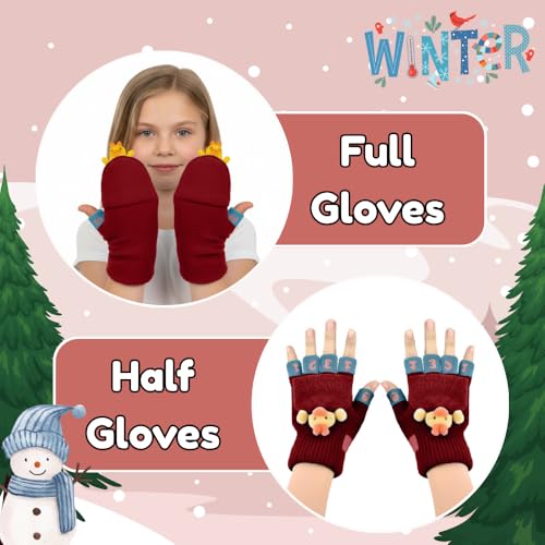 SOLDTRUE Half Finger Gloves Winter Warm Glove Christmas Fingerless Glove Thermal Fingerless Magic Warm Gloves Fashion Cute Soft Flip Top Gloves(Age 3-7 Years)(Pair of 1)(Red) - Image 3