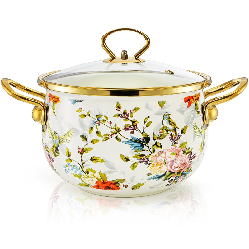 SOUJOY 2.8 Quart Enamel Cooking Pot with Lid, Vintage Soup Pot, Floral Stew Bean Simmer Pot with Handle for Kitchen, Safe for Induction Cookers, Gas Stove - Image 1