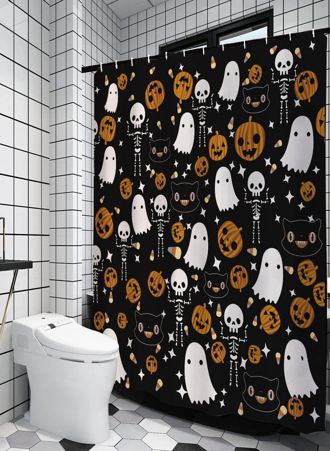 GAGEC Halloween Shower Curtain Spooky Pumpkin Skeleton Halloween Theme Cartoon Shower Curtain Holiday Home Indoor Bathroom Decoration 71 x 71 Inch - Image 4