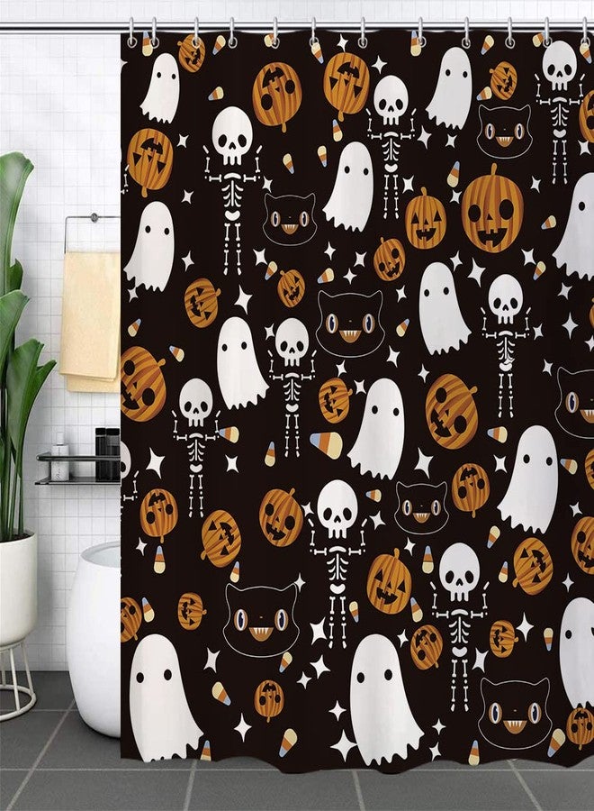 GAGEC Halloween Shower Curtain Spooky Pumpkin Skeleton Halloween Theme Cartoon Shower Curtain Holiday Home Indoor Bathroom Decoration 71 x 71 Inch - Image 1