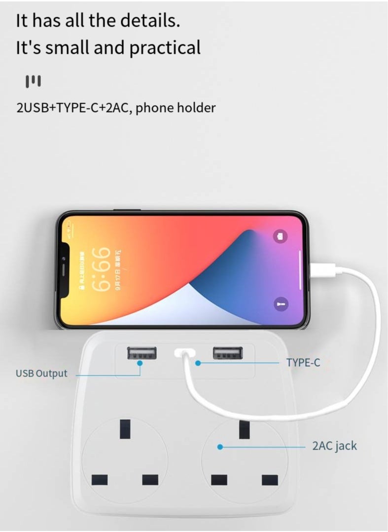 NIBEMINENT - وصلة تمديد متعددة مع 2 USB، 2AC، 1 نوع C، محول موسع كهربائي 5 في 1 مكعب، شاحن حائط USB، موسع قابس 3 دبابيس للمنزل، مكتب السفر، المطبخ، 16 أمبير، 2500 وات، 110-250 فولت - Image 1
