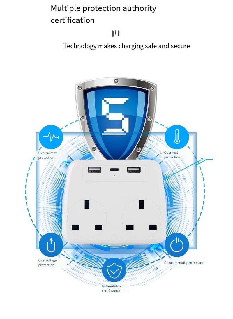 NIBEMINENT - وصلة تمديد متعددة مع 2 USB، 2AC، 1 نوع C، محول موسع كهربائي 5 في 1 مكعب، شاحن حائط USB، موسع قابس 3 دبابيس للمنزل، مكتب السفر، المطبخ، 16 أمبير، 2500 وات، 110-250 فولت - Image 1