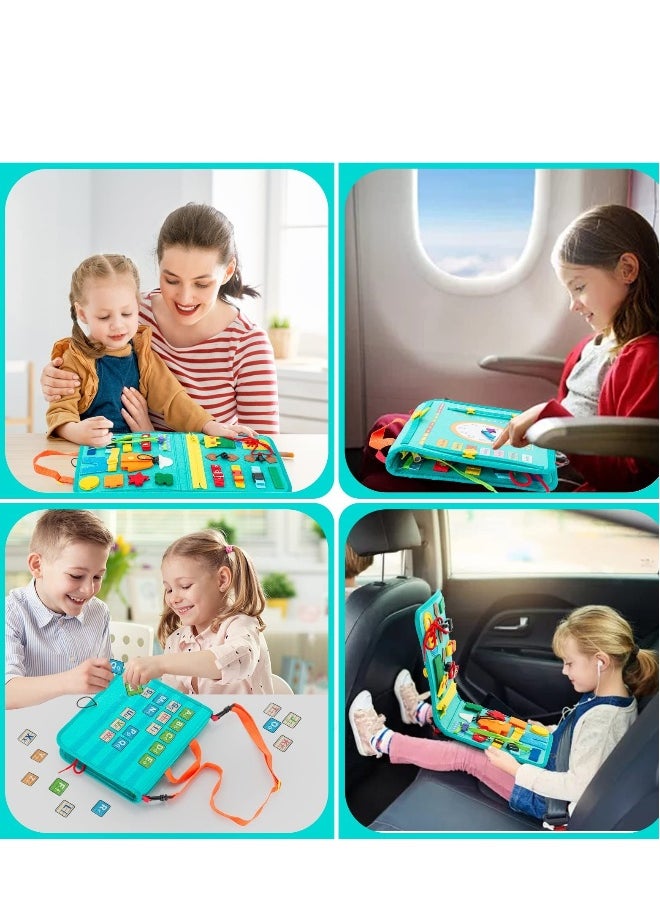 Busy Board, 27 in 1 DIY Portable Felt Dressing Button Learning Board Early Educational Sensory Brain Toys for 1 2 3 4 Years Old Boys Girls Preschoolers(Green)  - Image 4