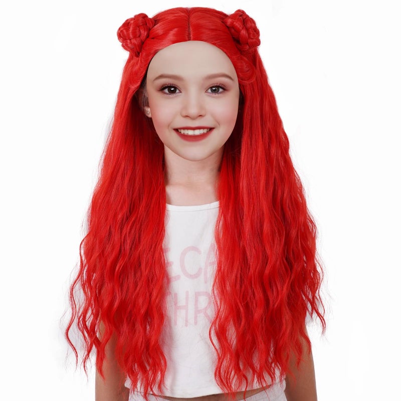 Besuante Girls Red Wigs with Braided Bun Long Curly Costume Wigs for Halloween