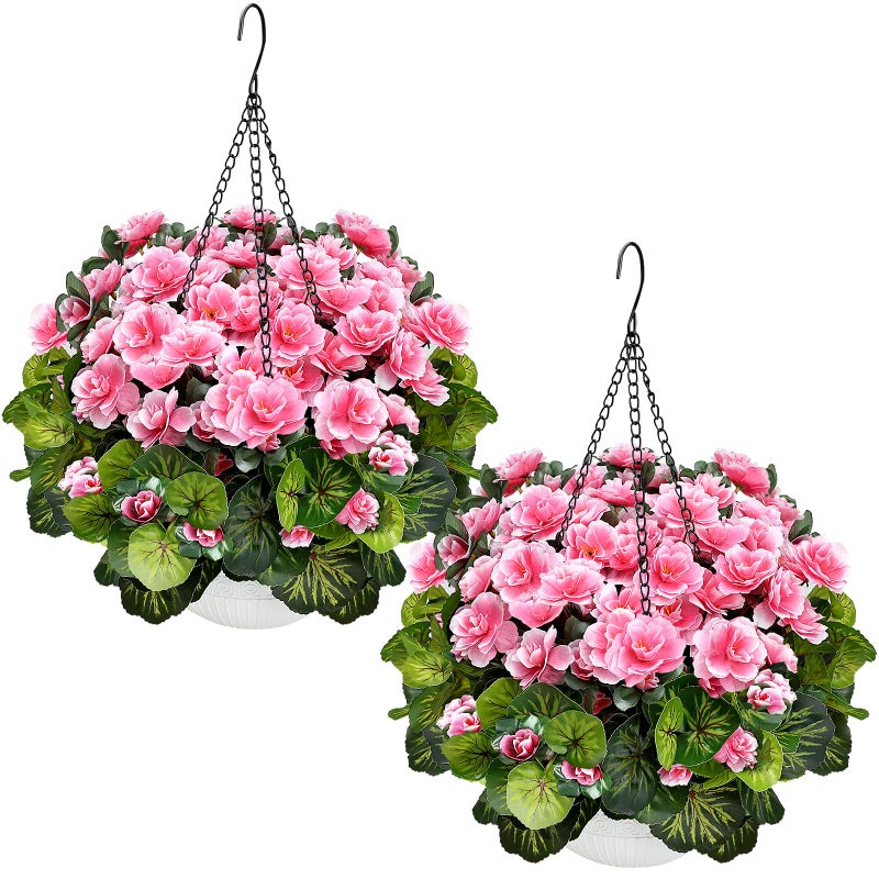 Tobilu 2 Sets Artificial Hanging Baskets Flowers for Outdoors, Already Assembly Silk Flower with Hanging Baskets UV Resistant Realistic for Spring Summer Garden Porch Yard Patio Outside Decor, Pink - Image 1