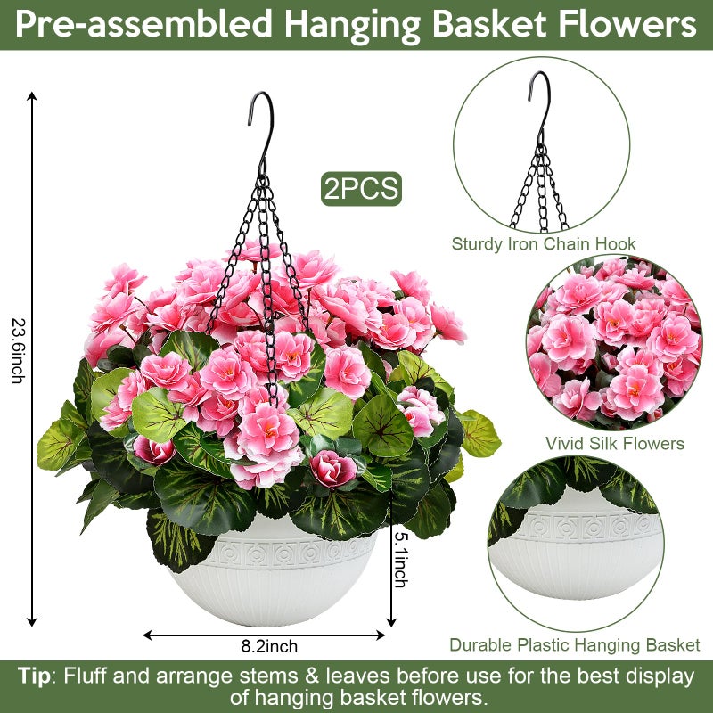 Tobilu 2 Sets Artificial Hanging Baskets Flowers for Outdoors, Already Assembly Silk Flower with Hanging Baskets UV Resistant Realistic for Spring Summer Garden Porch Yard Patio Outside Decor, Pink - Image 2
