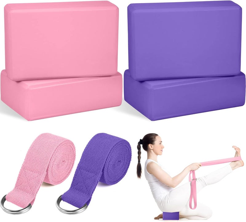 Jexine 6 Pcs Yoga Block and Yoga Strap Set 4 Pcs Yoga Blocks 9 x 6 x 3 Inches Eva Foam Block Pilates Block 2 Pcs Cotton Yoga Strap for Beginners Experienced Pilates Fitness Stretching - Image 1