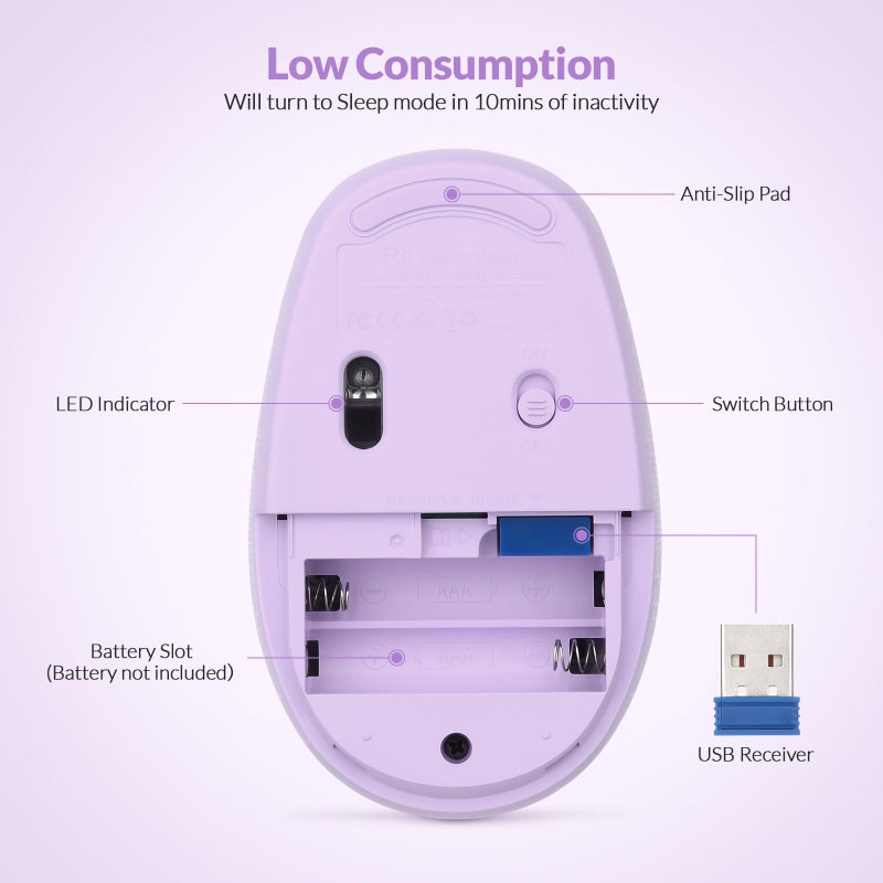 Rii Wireless Mouse RM700 2.4G Silent Mouse with USB Nano Receiver for Laptop,PC,Mac,Chromebook,Windows (Purple) - Image 3